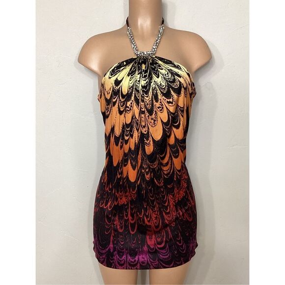 New. SKY multicolored silk mini dress with crystal rope at neck. Retails $249 - Picture 2 of 7